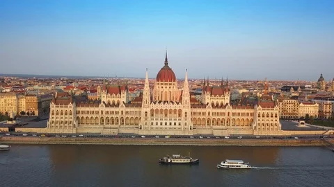 Budapest, Hungary - 4K flying over the Parliament of Hungary at sunset Stock Footage 94363286