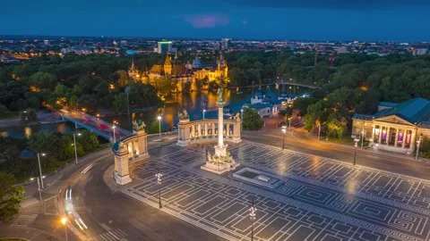 Budapest, Hungary - 4K hyperlapse footage of drone flying around Heroes Square Stock Footage 132522595