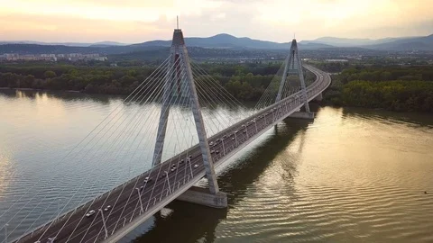 Budapest, Hungary - 4K hyperlapse orbiting around Megyeri Bridge at sunset Stock Footage 94856851
