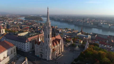 Budapest, Hungary, Aerial View of Matthias Church and Parliament Building Stock Footage