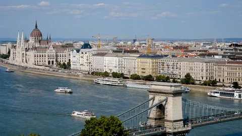 Budapest, Hungary-August 27, 2018: Chain Bridge Over The Danube River Hill View Stock Footage 103198958