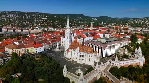 BUDAPEST, HUNGARY: Cinematic View of the Gothic Spires of Matthias Church Stock Footage 328647732