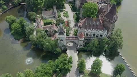 Budapest, Hungary - Drone flying backwards above Vajdahunyad Castle Stock Footage 140168472