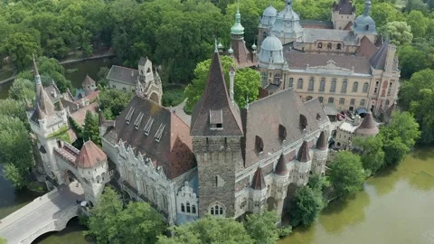 Budapest, Hungary - Drone flying backwards high up at Vajdahunyad Castle Stock Footage 140168509