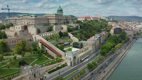 Budapest, Hungary - Drone flying backwards at Buda Castle Royal Palace Stock Footage 140168690