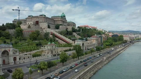 Budapest, Hungary - Flying up at Buda Castle Royal Palace and Varkert Bazaar Stock Footage 140168671