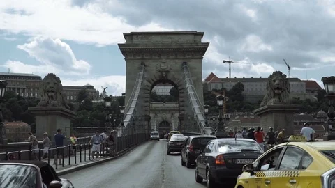 BUDAPEST, Hungary - JULY 2017: view of traffic on the Chain Bridge, the first Stock Footage 79322149