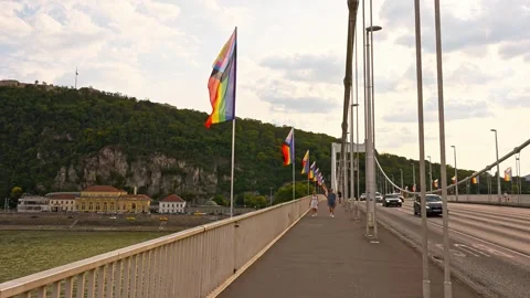 Budapest, Hungary - June 20, 2026 Pride Flags on Bridge Over River Stock Footage 337372913