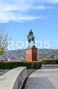 Budapest, Hungary - Nov 6, 2019: Park near Buda Castle with a horseman statue of Stock Photos