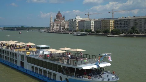 Budapest, Hungary. Steamships float on the Danube River Stock Footage 95020161