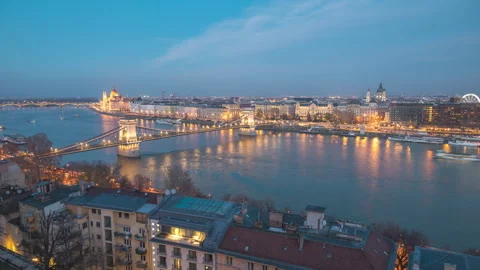 Budapest Hungary time lapse day to night city skyline at Danube River Video stock 328037113