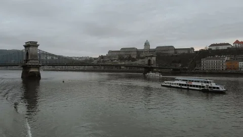 Budapest, Hungary. Top view on the Secheni Chain Bridge over the Danube River. Stock Footage 121558042