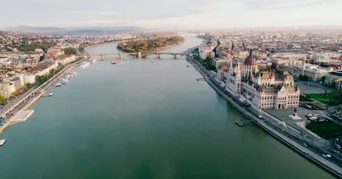 Budapest Liberty Bridge drone tram Stock Footage