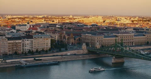 Budapest, Liberty Bridge from Gellert Hill at sunset Stock Footage 162331153