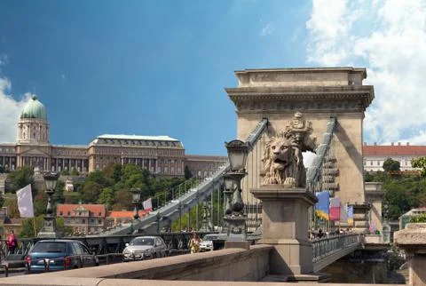 Budapest, lion statue decorating the Chain bridge Stock Photos