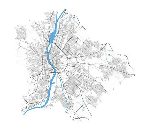 Budapest map. Detailed map of Budapest city poster with streets, water. Stock Illustration