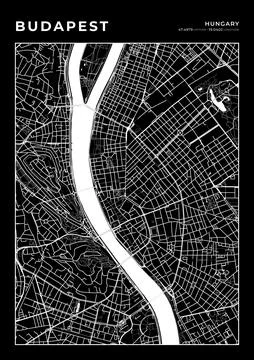 Budapest Map Wall Art Frame, Cartography Map Print, City Layout Map Stock Illustration