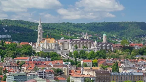 Budapest - May 2017: Panoramic view with the Fisherman's Bastion (Halaszbastya) Stock Footage 75777645