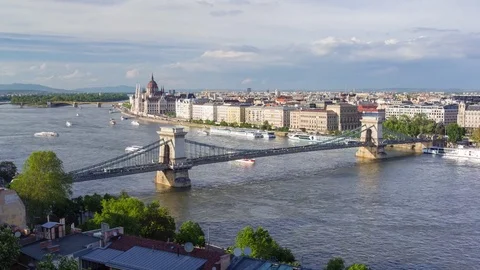 Budapest - May 2017: Panoramic view of the city with Chain bridge and Duna river Stock Footage 75853151
