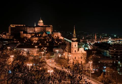 Budapest at night, Buda castle on the background of city lights of the city. Foto stock