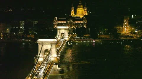 Budapest. Night view of chain Secheni Bridge and St. Stephane's basilica Stock Footage