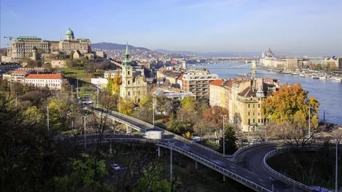 Budapest panoramic view of the city and Duna river and cars traffic Stock Footage 83081115