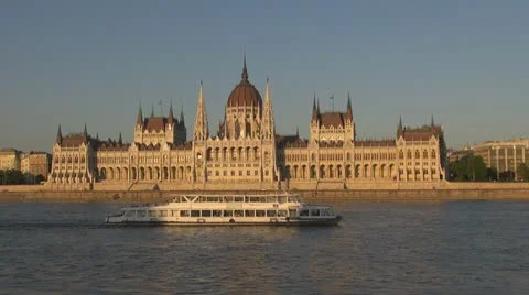 The Budapest Parliament and boats traffic, Budapest, Hungary Stock Footage