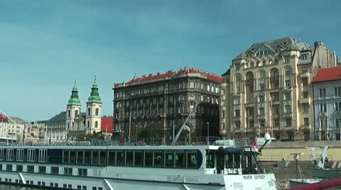 Budapest Pest Side view from gliding ship on the danube Stock Footage