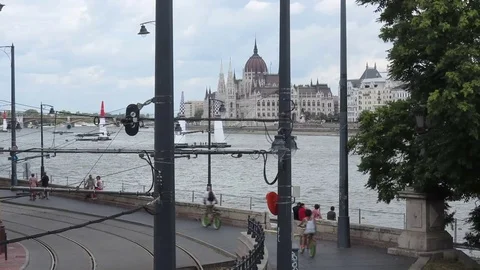 Budapest, railway track close the Danube river Stock Footage 79019254