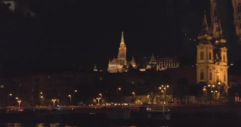 Budapest romantic night cityscape from inside of Ferry, Hungary - 4K Prores HQ Stock Footage 273747374