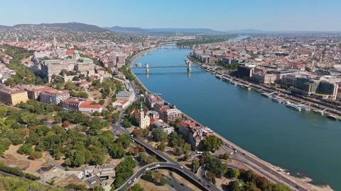 Budapest skyline with Danube, Chain Bridge and Parliament from drone view Stock Footage 345675727