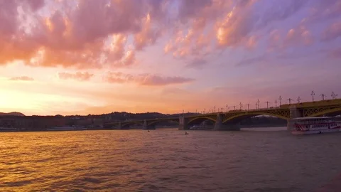 Budapest sunset timelapse with bridge and boat Stock Footage 79787684