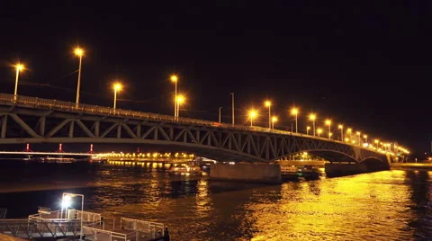 Budapest Time Lapse at Night. Lit Lanterns Bridge over the River Danube Stock Footage 67567226