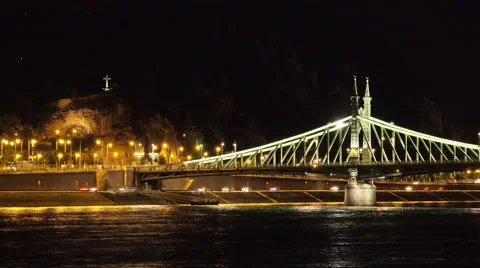 Budapest Time Lapse at Night. Lit Lanterns Chain Bridge over Danube River Stock Footage 67567255