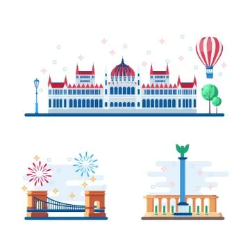 Budapest touristic landmarks vector flat illustration. Travel to Hungary desi Stock Illustration