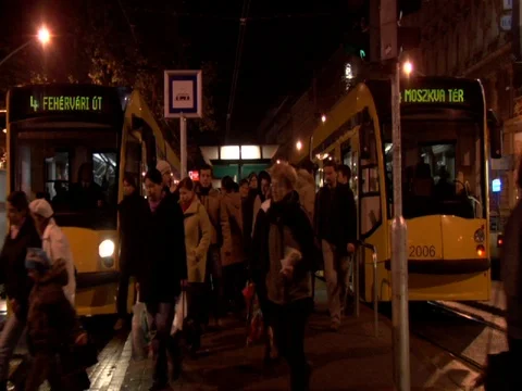 Budapest tram stop at Night, 2007 Stock Footage 111147142