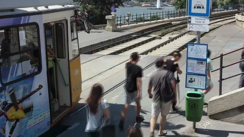 Budapest, trolleybus at the bus stop Stock Footage 79032592