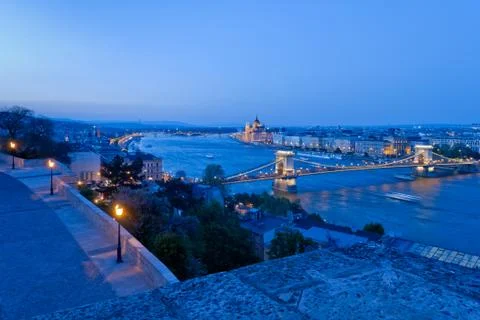Budapest view with Chain Bridge and Parliament Building Stock Photos