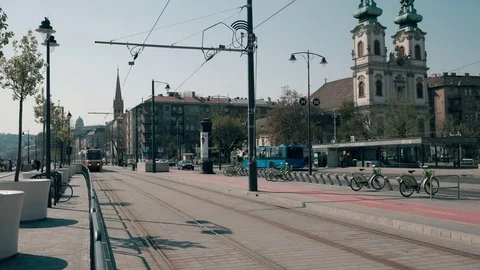 Budapest yellow tram going fast Stock Footage 74232040