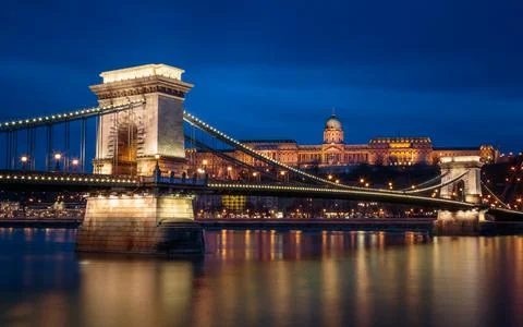 Budapest's Chain Bridge over the Danube, and the Buda Castle in the backgroun Stock Photos