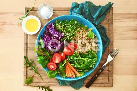 Buddha bowl meal, overhead view Stock Photos