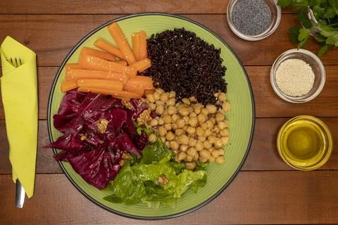 Buddha bowl. Vegetarian food. Mediterranean diet. Eat healthy. Summer dishes. Stock Photos