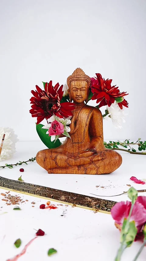 Buddha, flowers, studio, statue, buddha statue, spiritual, flower and buddah, Stock Footage 245857244