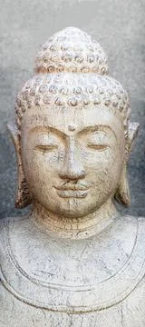 Buddha head in stone on a plain background, bust of religion Stock Photos