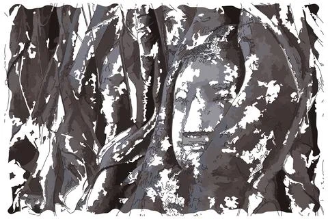 Buddha head in tree roots Stock Illustration