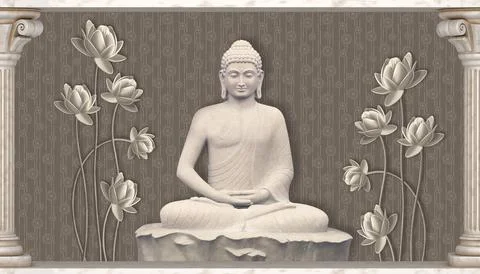 Buddha illustration Wall Art Rendering Wallpaper for Living room. Stock Illustration