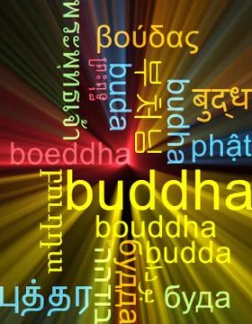 Buddha multilanguage wordcloud background concept glowing Stock Illustration
