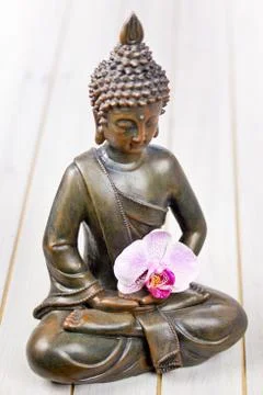Buddha with orchid Stock Photos