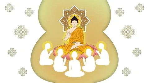The Buddha preached His first sermon to the five monks Stock Illustration