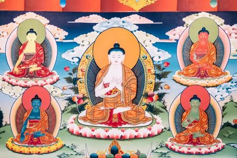 The Buddha preaches the Teaching in different worlds Stock Illustration